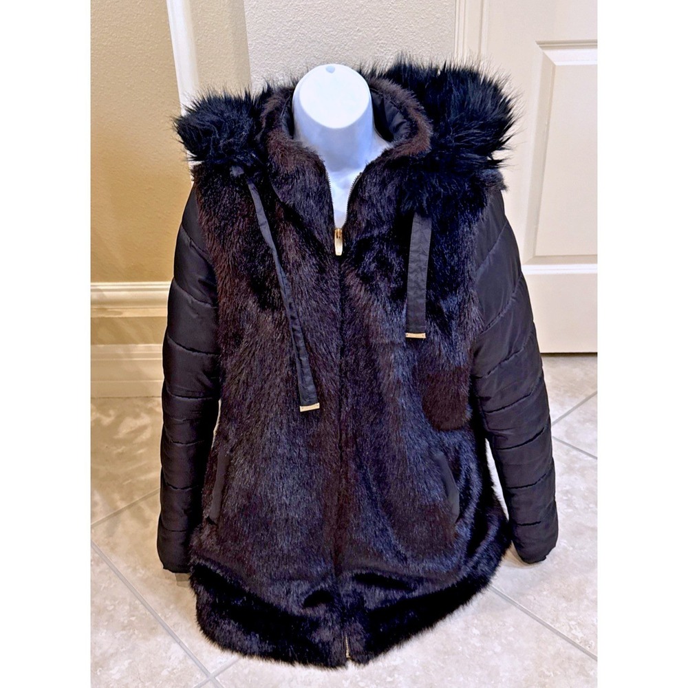 Nicole Miller New York Faux Fur Puffer Jacket Black Hooded Mixed Media Coat XL